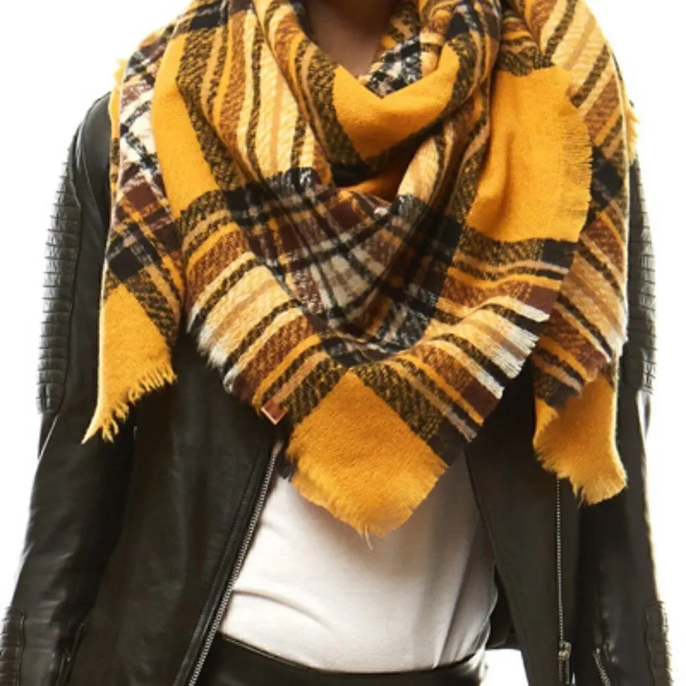 Ladies Mustard Plaid Blanket Scarf
